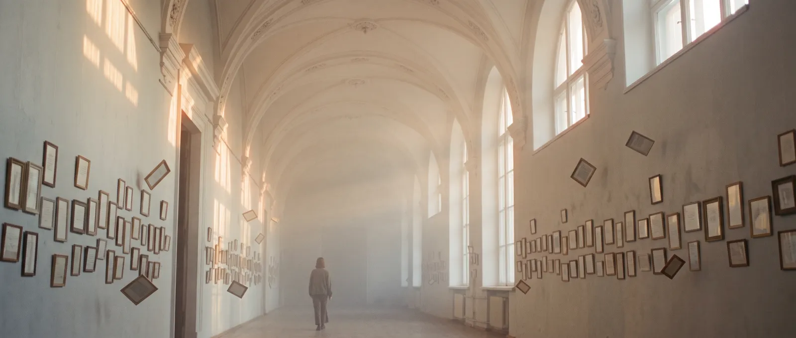 A long gallery hall fading into morning fog, small framed notes on its pale walls, a person walking away down the middle
