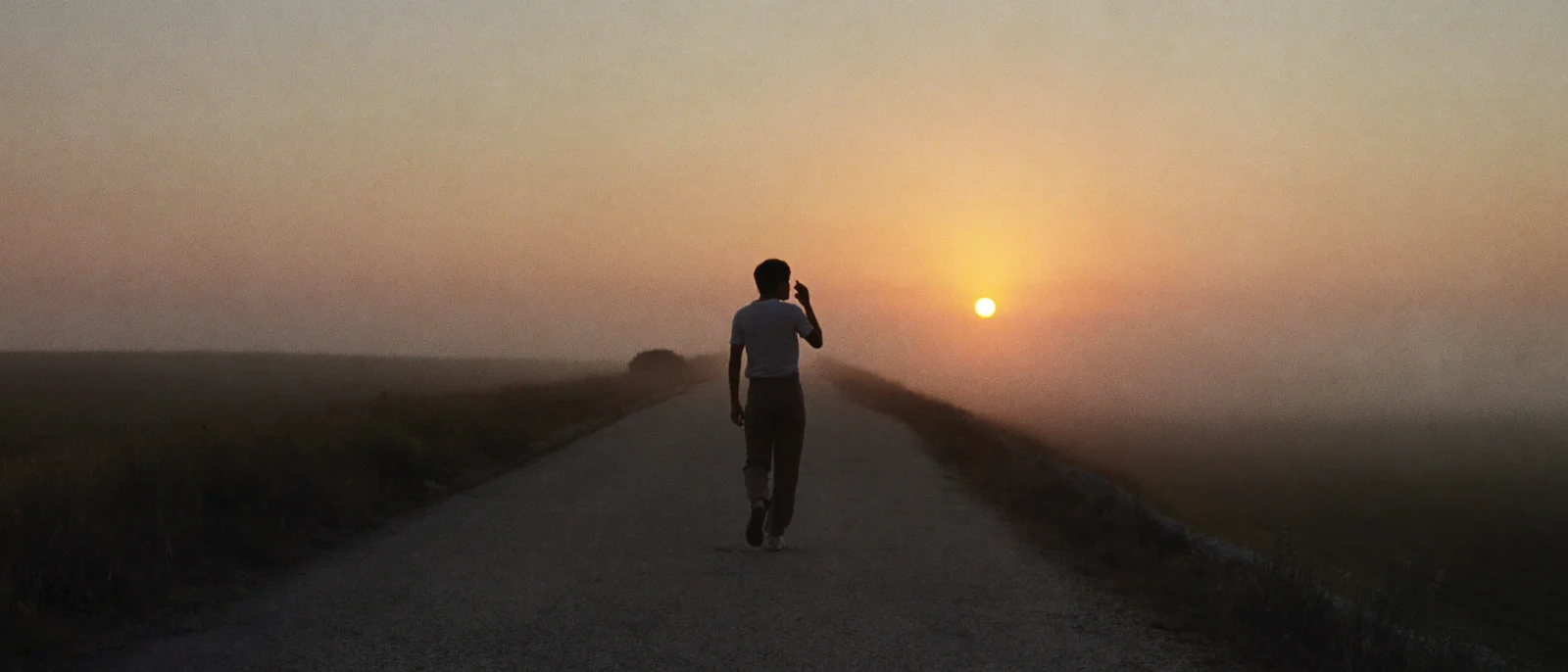A person walking alone down a misty country road at dawn, small in the frame, the low sun rising ahead