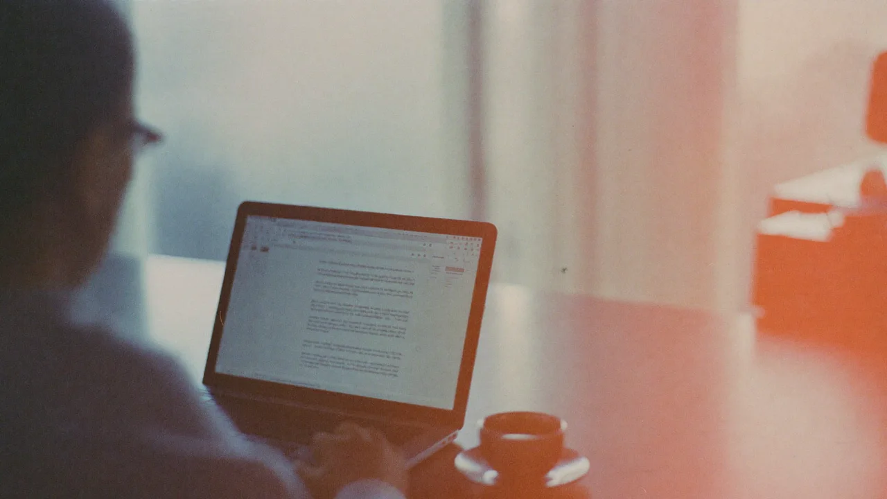 A person in glasses, seen from behind and out of focus, at an open laptop showing a document on a table, with a cup of tea on a saucer beside it and a pale window and an orange chair in the background.