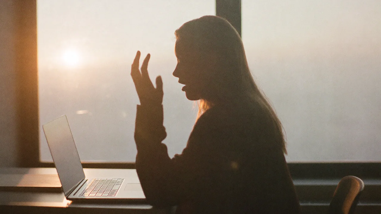A woman in silhouette sits in profile at a desk by a large window at sunset, speaking with one hand raised toward an open laptop, the low sun glowing through the haze.