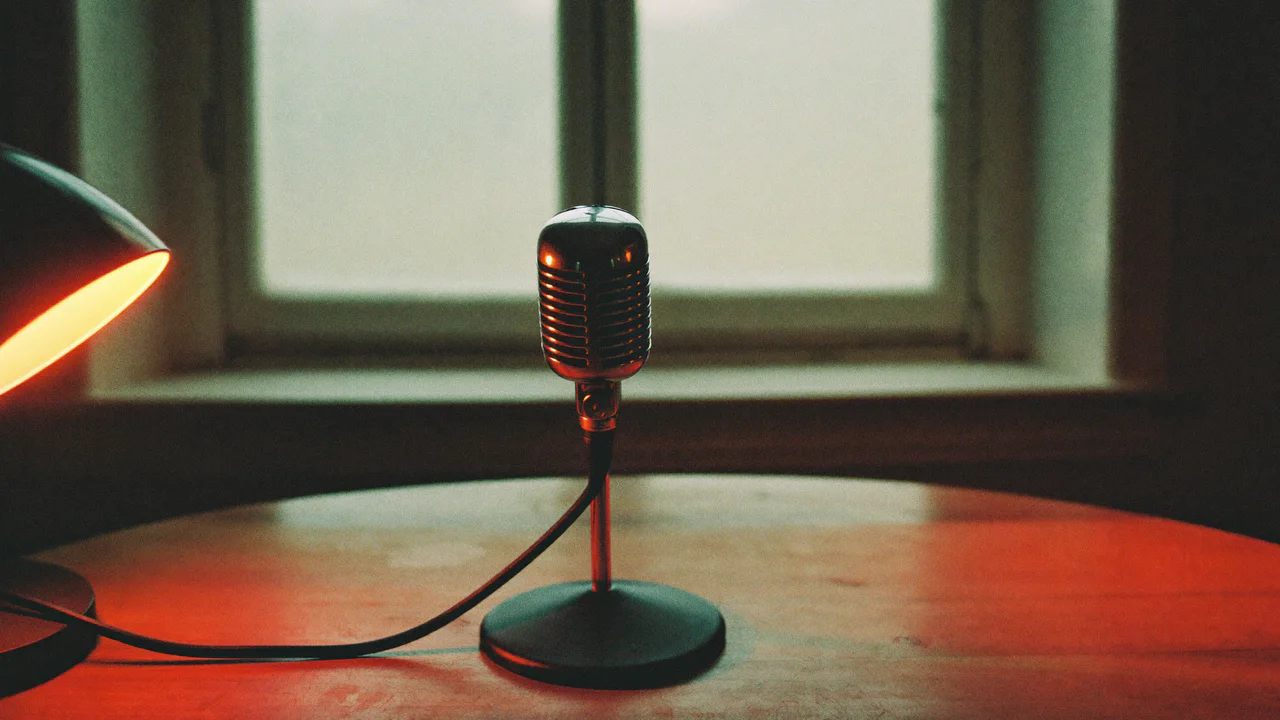 A vintage chrome microphone on a round stand in the middle of a wooden table, its cable trailing to the left, lit by a glowing desk lamp in front of a window with pale evening light.