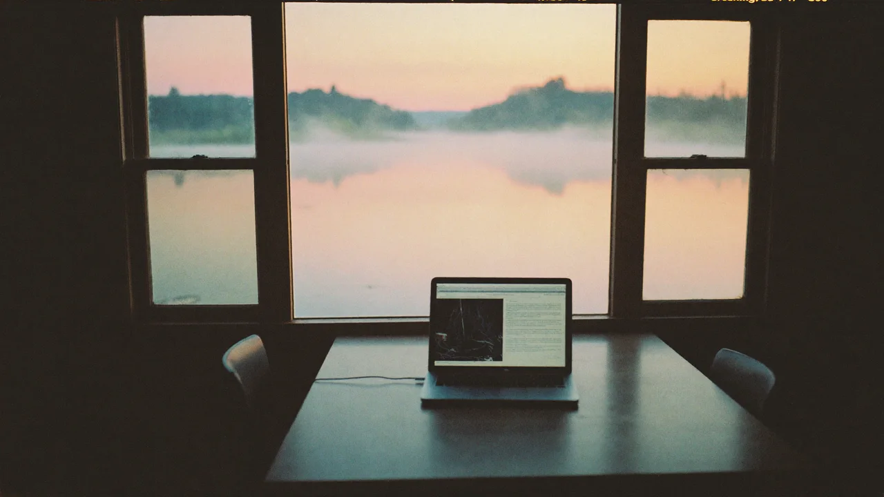 An open laptop on an empty wooden table in a dark cabin room faces a large window looking onto a misty lake and treeline under a pink dawn sky, with two white chairs at the table.