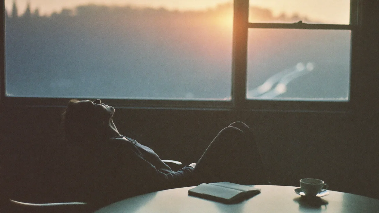 A person leans far back in a chair by a large window at sunset, head tipped up and eyes closed, with a closed notebook and a cup of tea on a round table in front of them.