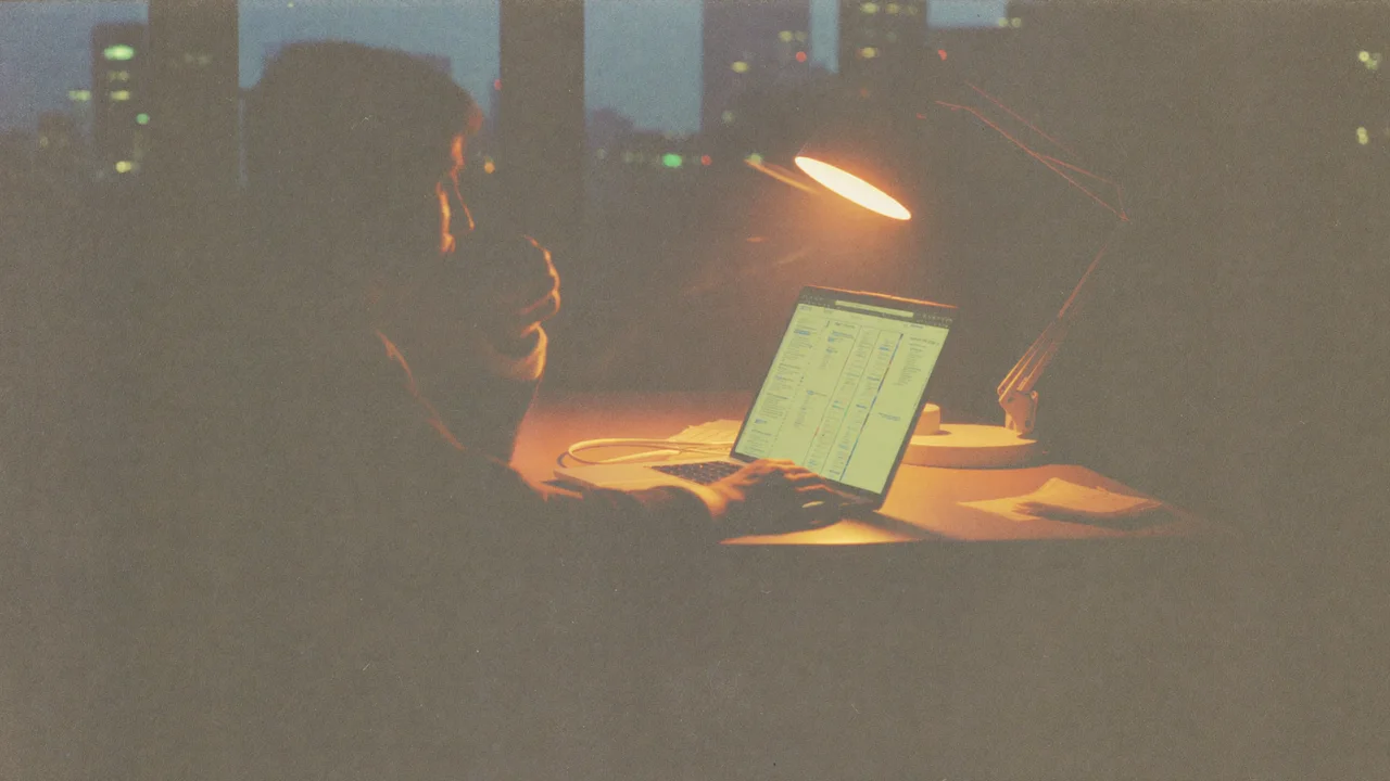 A person in silhouette sits at a desk at night typing on an open laptop whose screen glows green, beside an angled desk lamp, with lit city towers in the window behind.